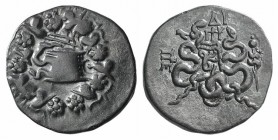 Mysia, Pergamon, c. 166-67 BC. AR Cistophoric Tetradrachm (27mm, 12.44g, 12h). Cista mystica with serpent; all within ivy wreath. R/ Bow-case with ser...