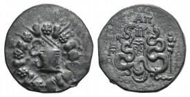 Mysia, Pergamon, c. 166-67 BC. AR Cistophoric Tetradrachm (27mm, 12.64g, 12h), c. 76 BC. Cista mystica with serpent; all within ivy-wreath. R/ Two ser...