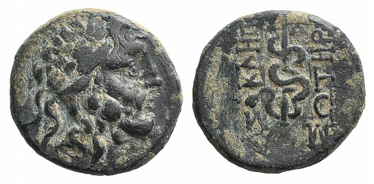 Mysia, Pergamon, c. 133-27 BC. Æ (15mm, 3.71g, 12h). Laureate head of Asklepios ...