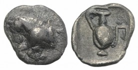 Islands of Mysia, Prokonnesos, c. 450-425 BC. AR Hemiobol (9mm, 0.46g, 12h). Forepart of horse r.; grape bunch(?) to r. R/ Oinochoe; Π to r. Thompson,...