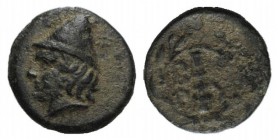 Troas, Birytis, c. 350-300 BC. Æ (11mm, 1.12g, 12h). Head of Kabeiros l., wearing pileos; two stars above. R/ Club within wreath. SNG Copenhagen 249. ...