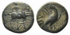 Troas, Dardanos, 2nd-1st century BC. Æ (10mm, 1.93g, 10h). Horseman galloping r., wearing petasos; monogram below. R/ Cock standing r., head l. SNG Co...
