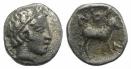 Troas, Neandria, 4th century BC. AR Obol (7mm, 0.44g, 1h). Laureate head of Apollo r. R/ Ram standing r. in shallow incuse square. SNG München 293; SN...