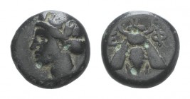 Ionia, Ephesos, c. 375 BC. Æ (9mm, 1.56g, 12h). Female head l. R/ Bee. SNG Copenhagen 256; SNG von Aulock 1839. Green patina, near VF