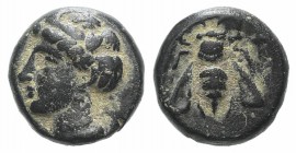 Ionia, Ephesos, c. 375 BC. Æ (9mm, 1.44g, 12h). Female head l. R/ Bee. SNG Copenhagen 256; SNG von Aulock 1839. Green patina, near VF