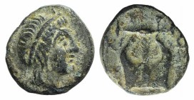 Ionia, Kolophon, c. 389-350 BC. Æ (10mm, 0.97g). Diademed head of Apollo r. R/ Kithara. Cf. SNG von Aulock 2009. Good Fine