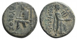Ionia, Kolophon, c. 50 BC. Æ Hemiobol (18mm, 5.51g, 12h). Pytheos, magistrate. The poet Homer seated l., holding scroll and resting chin on r. hand. R...