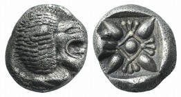 Ionia, Miletos, late 6th-early 5th century BC. AR Diobol (8mm, 1.13g). Forepart of a lion l., head r. R/ Stellate design within square incuse. SNG Kay...