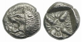 Ionia, Miletos, late 6th-early 5th century BC. AR Diobol (8mm, 0.93g). Forepart of a lion r., head l. R/ Stellate design within square incuse. SNG Kay...