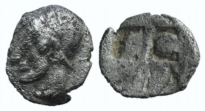 Ionia, Phokaia, c. 521-478 BC. AR Obol (9mm, 0.56g). Female head l., wearing hel...