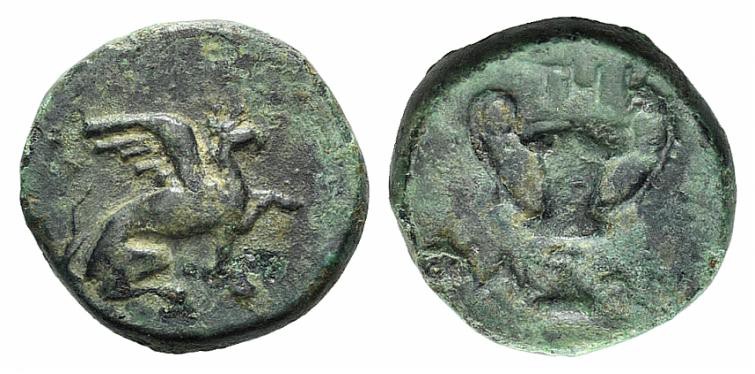 Ionia, Teos, c. 370-330 BC. Æ (9mm, 1.13g, 6h). Metrodoros, magistrate. Griffin ...
