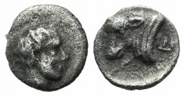 Satraps of Caria, Hekatomnos (c. 392/1-377/6 BC). AR Hemiobol (6mm, 0.32g, 3h). Bearded head of Hekatomnos r. R/ Head of bull l.; E behind. Unpublishe...