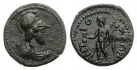 Caria, Antioch ad Maeandrum. Pseudo-autonomous issue, time of the Antonines. Æ (19mm, 3.76g, 6h). Bust of Athena r., wearing aegis. R/ Hermes standing...