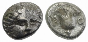 Islands of Caria, Rhodos. Rhodes, c. 408/7-390 BC. AR Hemidrachm (10mm, 1.74g, 12h). Head of Helios facing slightly r. R/ Rose within incuse square. A...