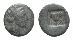 Islands of Caria, Rhodes, c. 188-84 BC. Æ (11.5mm, 1.39g, 12h). Radiate head of Helios r. R/ Rose, bud to l., within incuse square. SNG Copenhagen 860...