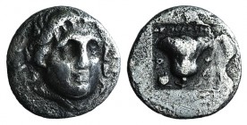 Islands of Caria, Rhodes, c. 170-150 BC. AR Hemidrachm (11mm, 1.25g, 12h). Dexikrates, magistrate. Radiate head of Helios facing slightly r. R/ Rose w...