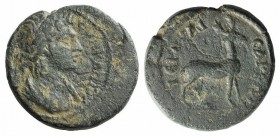 Lydia, Hierocesarea. Pseudo-autonomous, 2nd century AD. Æ (17mm, 3.95g, 12h). Draped bust of Senate r. R/ Stag standing r. RPC III 1864. Green patina,...