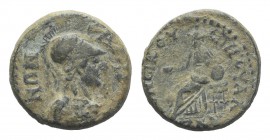 Lydia, Sala. Pseudo-autonomous issue, time of Hadrian (117-138). Æ (18mm, 4.15g, 7h). Helmeted bust of Athena r., wearing aegis. R/ Cybele seated l., ...