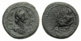 Lydia, Silandus. Pseudo-autonomous issue, c. 2nd century AD. Æ (17mm, 5.09g, 12h). Draped bust of Mên r., wearing Phrygian cap. R/ River-god Hermos re...