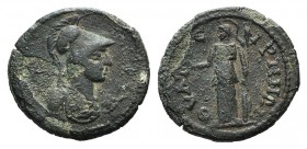 Lydia, Thyateira. Pseudo-autonomous issue, 2nd-3rd centuries AD. Æ (20mm, 3.55g, 6h). Helmeted bust of Athena r., wearing aegis. R/ Tyche standing l.,...