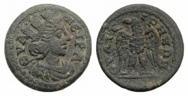 Lydia, Thyateira. Pseudo-autonomous, 3rd century AD. Æ (23mm, 5.99g, 6h). Turreted and draped bust of Tyche r. R/ Eagle standing facing, head l., with...
