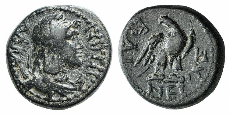 Phrygia, Laodikeia, AD 66-8. Æ (15mm, 4.35g, 12h). K. Aineias, magistrate. Laure...