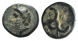 Dynasts of Lycia, Perikles (c. 380-360 BC). Æ (11mm, 1.90g). Horned head of Pan l. R/ Triskeles. Falghera 219-23; SNG von Aulock 4257-8. Green patina,...