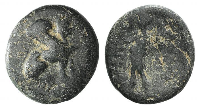 Pamphylia, Perge, c. 190-130 BC. Æ (16mm, 3.48g, 12h). Sphinx seated r., wearing...