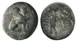 Pamphylia, Perge, c. 190-130 BC. Æ (16mm, 3.48g, 12h). Sphinx seated r., wearing kalathos. R/ Artemis standing l., holding wreath and sceptre. Colin S...