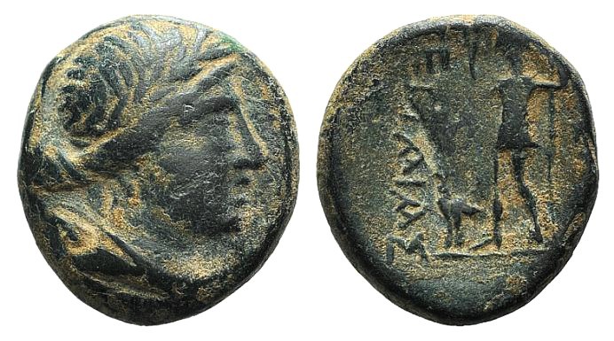 Pamphylia, Perge, 2nd century BC. Æ (15mm, 5.21g, 12h). Bust of Artemis r., hold...