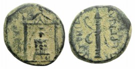 Pamphylia, Perge, c. 50-30 BC. Æ (16mm, 4.15g, 12h). Cult statue of Artemis Pergaia facing within distyle temple. R/ Bow and quiver. Colin series 7.2;...