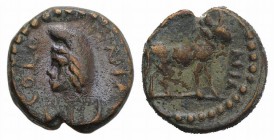 Pisidia, Antioch, 1st century BC. Æ (10mm, 1.54g, 6h). COLONIA, Draped bust of Mên l., wearing Phrygian cap, set on crescent. R/ […]NIA, Bull standing...