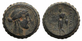 Seleukid Kings, Seleukos IV (187-175 BC). Serrate Æ (22mm, 11.37g, 1h). Antioch. Laureate head of Apollo r. R/ Apollo standing l., holding arrow, lean...