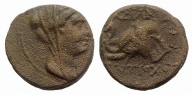 Seleukid Kings, Antiochos IV (175-164 BC). Æ (12.5mm, 2.56g, 12h). Antioch, c. 175-173/2. Veiled and diademed bust of Laodike IV r. R/ Head of elephan...