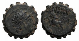 Seleukid Kings, Antiochos VI (144-142 BC). Serrate Æ (17mm, 4.27g, 12h). Antioch, 143/2 BC. Diademed and radiate head r. R/ Panther l., holding broken...