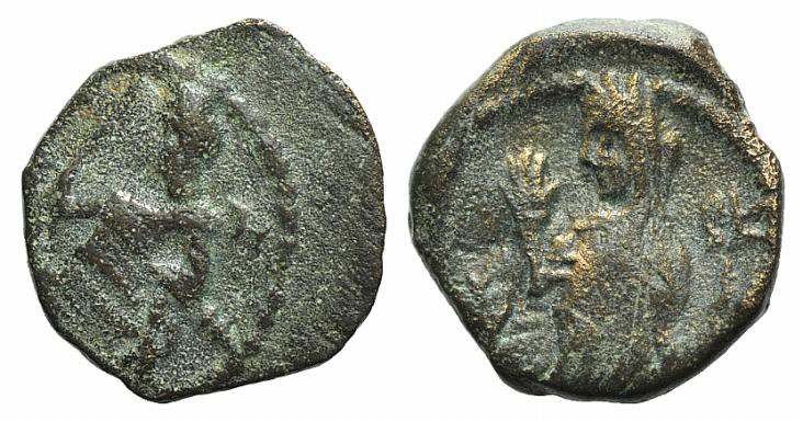 Nabataea, Aretas IV with Shaqilat (9 BC-AD 40). Æ (13mm, 2.35g, 12h). Petra, AD ...