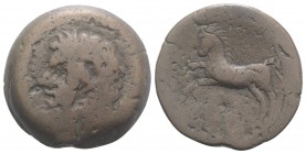 Kings of Numidia, Massinissa or Micipsa (203-148 BC or 148-118 BC). Æ Unit (27mm, 13.67g, 12h). Laureate head l. R/ Horse galloping l.; pellet below. ...