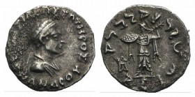 Baktria, Indo-Greek Kingdom. Menander I (c. 155-130 BC). AR Drachm (17mm, 2.39g, 12h). Diademed and draped bust r. R/ Athena Alkidemos l.; monogram to...