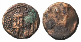 Kings of Elymais, Orodes II (c. AD 100-150). Æ Drachm (14mm, 3.35g). Facing bust wearing tiara; anchor to r. R/ Dashes. Van’t Haaff Type 13.3. Deposit...