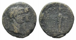 Claudius with Agrippina II (41-54). Ionia, Ephesus. Æ (18mm, 5.56g, 1h). Jugate heads of Claudius, laureate and Agrippina, draped, r. R/ Cult statue o...