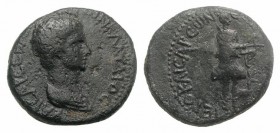 Nero (54-68). Lydia, Hierocaesaraea. Æ (18mm, 4.32g, 12h). Bare-headed and draped bust of Nero r. R/ Artemis standing r., holding bow and arrow; stag ...