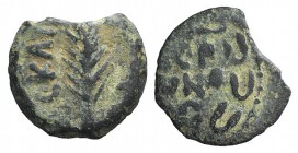 Judaea, Procurators. Porcius Festus (59-62 CE). Æ Prutah (15mm, 1.90g, 11h). Jerusalem, year 5 of Nero (58/9). Blundered legend within wreath. R/ Palm...
