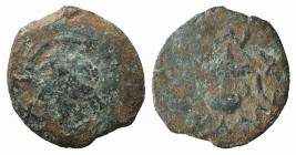 Judaea, Jewish War, 66-70 CE. Æ Prutah (17mm, 2.55g, 2h), year 2 (67/8). Amphora with broad rim and two handles. R/ Grape leaf on vine. Meshorer 196; ...