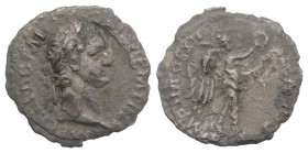 Domitian (81-96). AR Quinarius (13mm, 0.90g, 6h). Rome, AD 86. Laureate head r. R/ Victory advancing r., holding palm frond over shoulder and wreath. ...