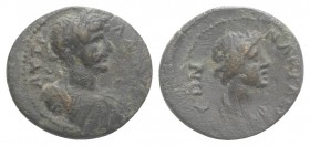 Hadrian (117-138). Lydia, Nacrasa. Æ (15mm, 1.50g, 12h). Laureate, draped and cuirassed bust of Hadrian r. R/ Draped bust of Demos r. RPC III 1804; BM...