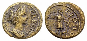 Sabina (Augusta, 128-136/7). Phrygia, Tiberiopolis. Æ (17mm, 3.03g, 6h). Draped bust r. R/ Artemis standing r., drawing arrow from quiver and holding ...