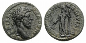 Lucius Verus (161-169). Galatia, Ancyra. Æ (24mm, 8.93g, 7h). Laureate head r. R/ Zeus standing l., holding anchor and long sceptre. RPC IV online 172...