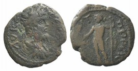 Septimius Severus (193-211). Moesia Inferior, Nicopolis ad Istrum. Æ (15mm, 2.32g, 12h). Laureate, draped and cuirassed bust r. R/ Dionysos standing l...