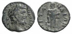 Septimius Severus (193-211). Mysia, Pitane. Æ (16.5mm, 1.99g, 6h). Laureate head r. R/ Asclepius standing facing, head l., leaning upon serpent-entwin...