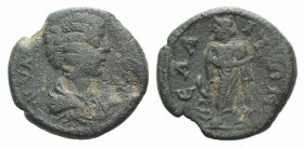 Julia Domna (Augusta, 193-217). Aeolis, Elaea. Æ (18mm, 3.96g, 6h). Draped bust r. R/ Asclepius standing facing, head l., leaning on serpent-entwined ...